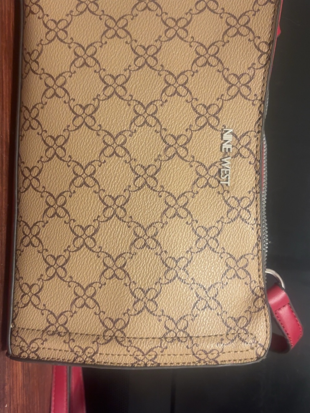 Nine West Tan Patterned Messenger Bag with red Strap